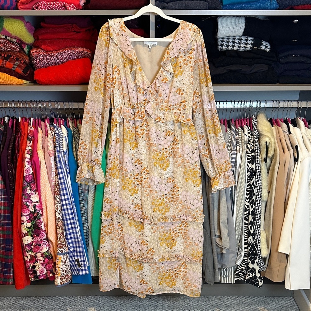 June & Hudson tan/orange floral long mesh sleeve v neck lined midi dress size M